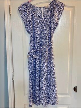 LOFT | Blue Floral Midi Dress with Waist Tie